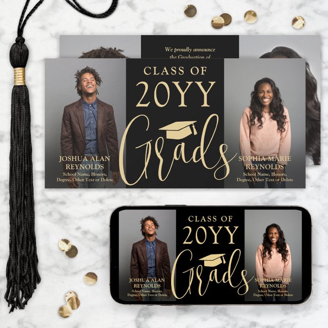 Double Graduation 2 Grads Black & Gold Joint Photo Announcement (Creator Uploaded)