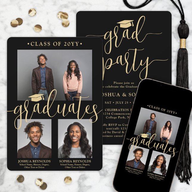 Double Graduation 2 Grads Black & Gold Joint Photo Invitation (Creator Uploaded)