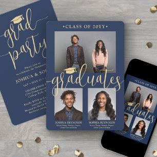 Double Graduation 2 Grads Navy & Gold Joint Photo Invitation