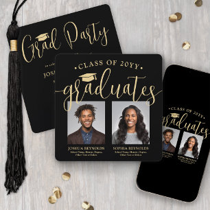 Double Graduation 2 Photos Black Gold Joint Party Invitation