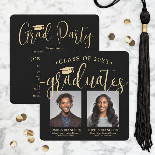 Double Graduation 2 Photos Black Gold Joint Party Invitation