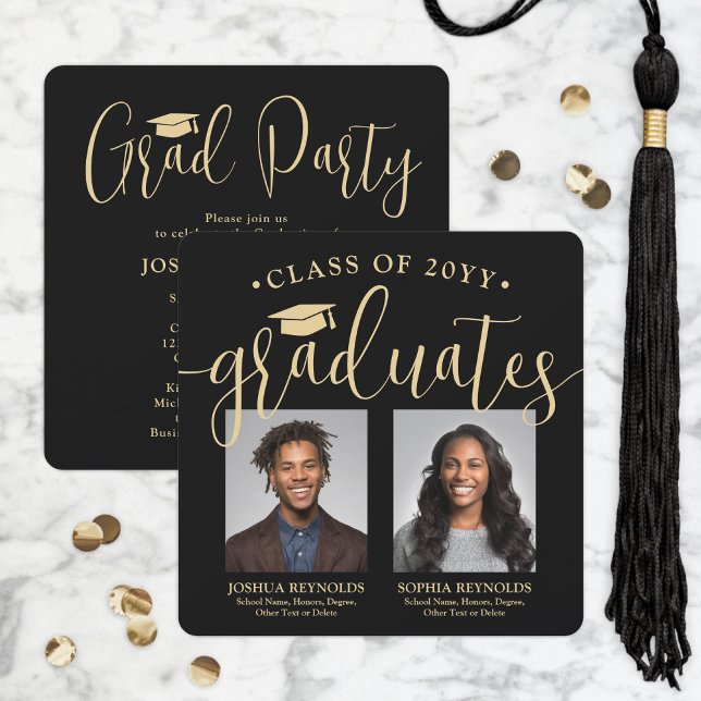 Double Graduation 2 Photos Black Gold Joint Party Invitation (Creator Uploaded)