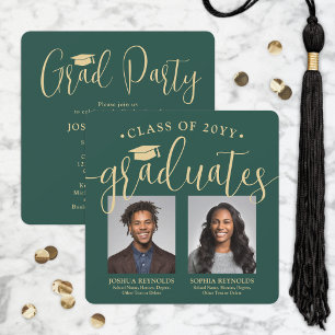 Double Graduation 2 Photos Green Gold Joint Party Invitation