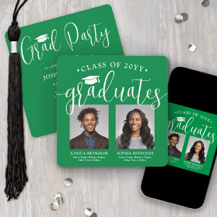 Double Graduation 2 Photos Green Joint Party Invitation