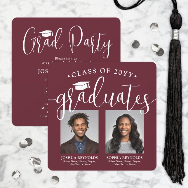 Double Graduation 2 Photos Maroon Red Joint Party Invitation (Creator Uploaded)