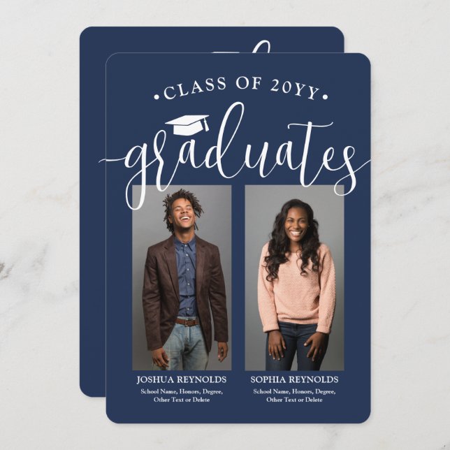 Double Graduation 2 Photos Navy Blue & White Joint Invitation (Front/Back)