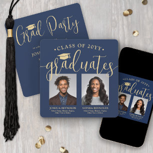 Double Graduation 2 Photos Navy & Gold Joint Party Invitation