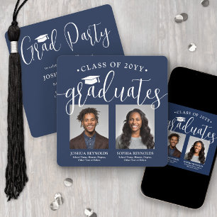 Double Graduation 2 Photos Navy White Joint Party Invitation