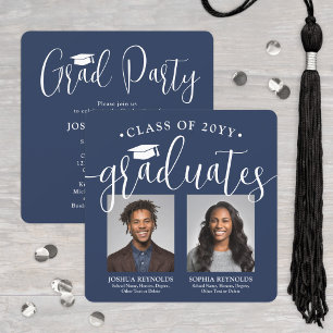 Double Graduation 2 Photos Navy White Joint Party Invitation
