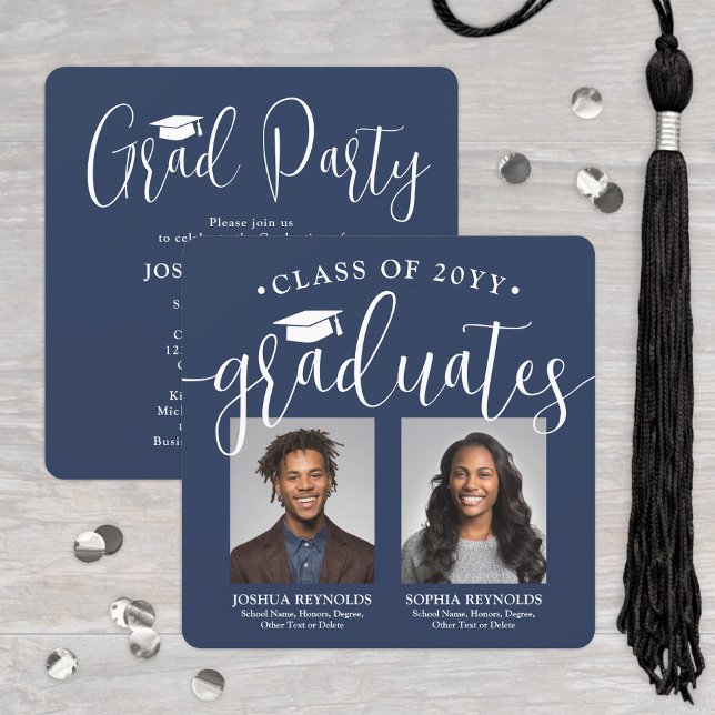 Double Graduation 2 Photos Navy White Joint Party Invitation (Creator Uploaded)