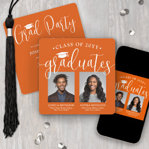 Double Graduation 2 Photos Orange Joint Party Invitation