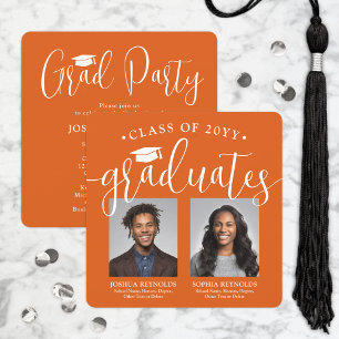 Double Graduation 2 Photos Orange Joint Party Invitation