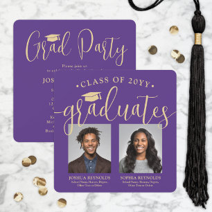 Double Graduation 2 Photos Purple Gold Joint Party Invitation
