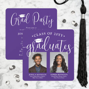 Double Graduation 2 Photos Purple Joint Party Invitation