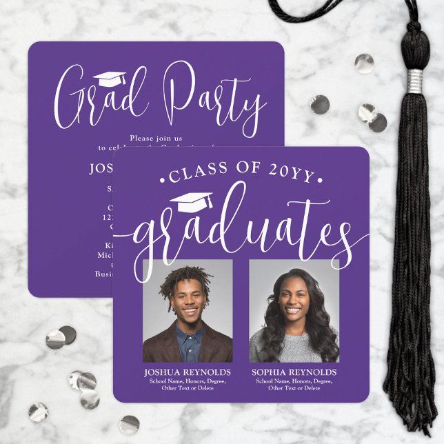Double Graduation 2 Photos Purple Joint Party Invitation (Creator Uploaded)