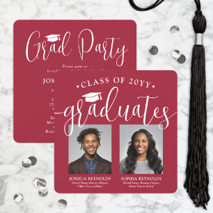 Double Graduation 2 Photos Red & White Joint Party Invitation