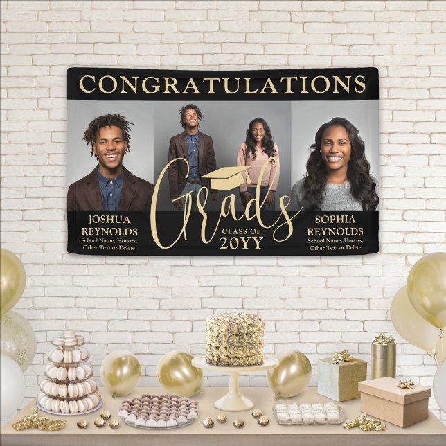 Double Graduation 3 Photo Black & Gold Joint Party Banner (Creator Uploaded)