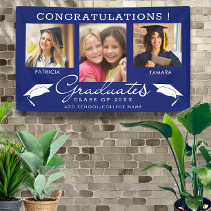 Double Graduation 3 Photo Collage Blue And White Banner