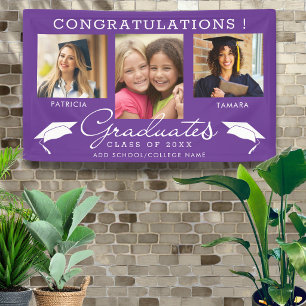 Double Graduation 3 Photo Collage Purple & White Banner