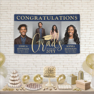Double Graduation 3 Photo Navy & Gold Joint Party Banner