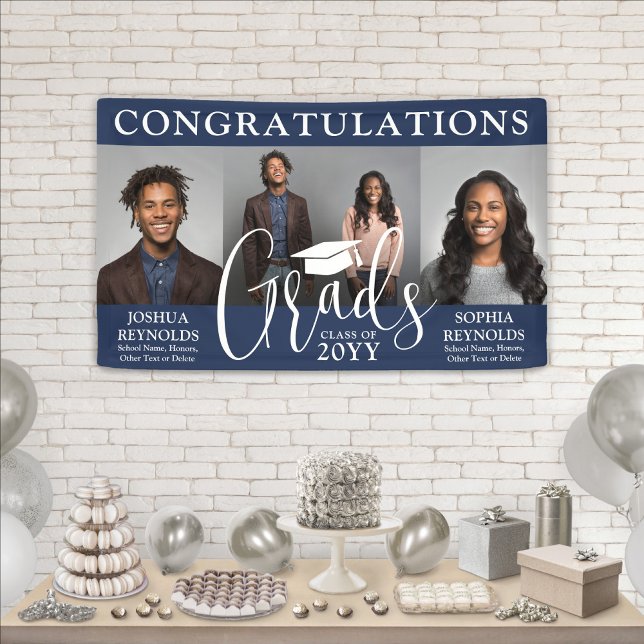 Double Graduation 3 Photo Navy & White Joint Party Banner (Creator Uploaded)