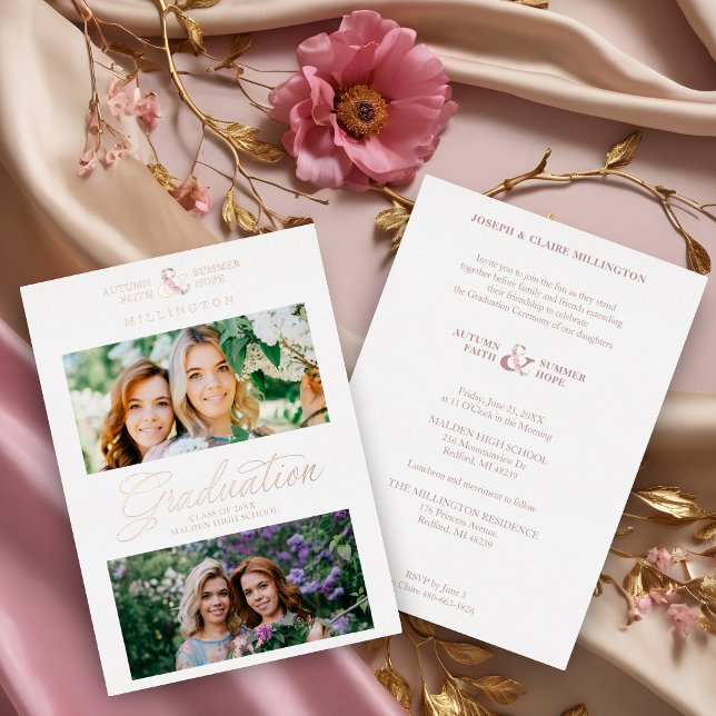 Double Graduation Chic Rose Gold 2 Photos Modern  (Double Graduation Chic Rose Gold 2 Photos Modern Script Real Metallic Foil Invitation Card.)