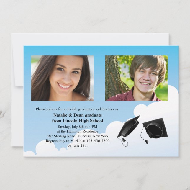 Double Graduation Hat Toss Photo Invitation (Front)
