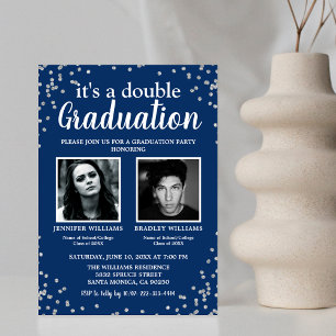 Double Graduation Photo Blue Silver Invitation
