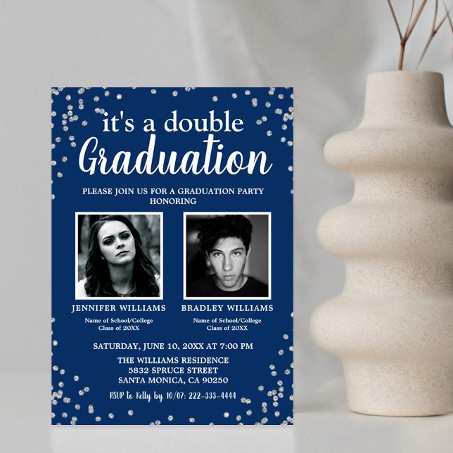 Double Graduation Photo Blue Silver Invitation (Creator Uploaded)