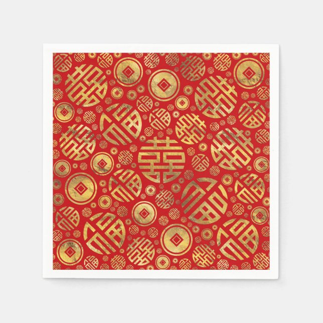 Double Happiness and Chinese coins pattern Napkin (Front)