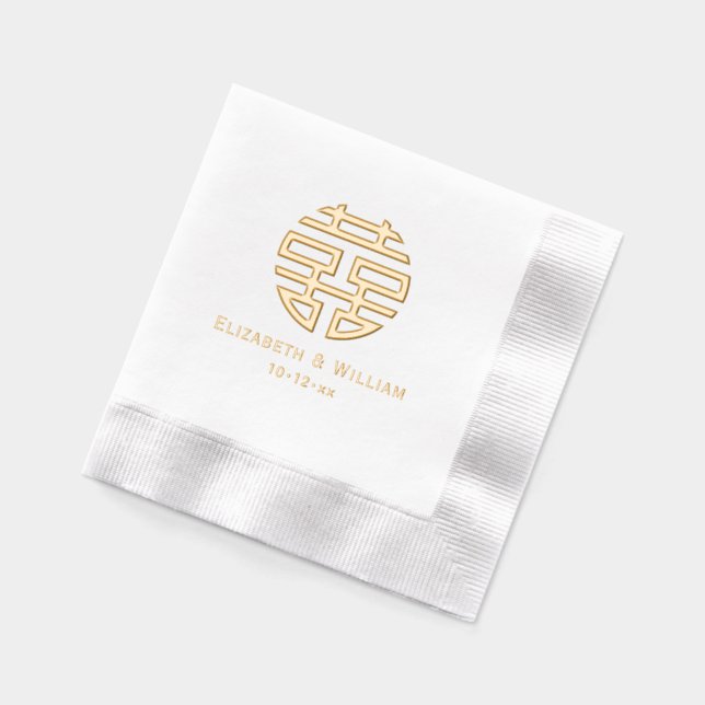 Double Happiness Chinese Symbol Wedding Names Date Foil Napkins (Left)