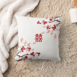 Double Happiness Chinese Wedding Cherry Blossoms Cushion