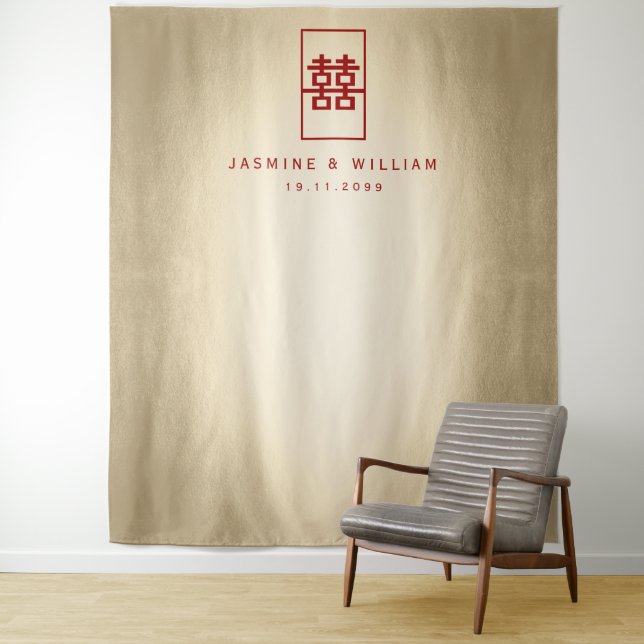 Double Happiness Chinese Wedding Photo Backdrop Tapestry (In Situ)