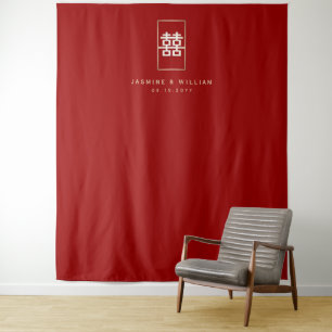 Double Happiness Chinese Wedding Photo Backdrop Tapestry