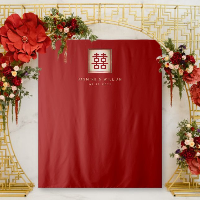 Double Happiness Chinese Wedding Photo Backdrop Tapestry (Red/Gold Classic Square Double Happiness Chinese Wedding Photo Backdrop Tapestry @ fatfatin_red_knot)