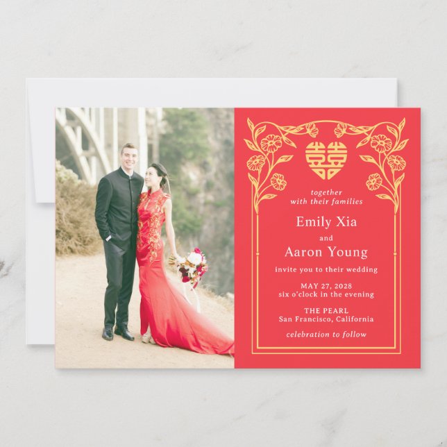 Double Happiness Chinese Wedding Photo Invitation (Front)