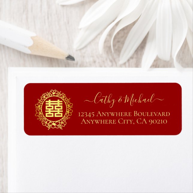 Double happiness Chinese wedding return address Label (Insitu)