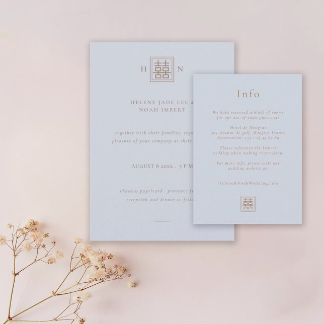 Double Happiness Dusty Blue & Gold Chinese Wedding Enclosure Card (Creator Uploaded)