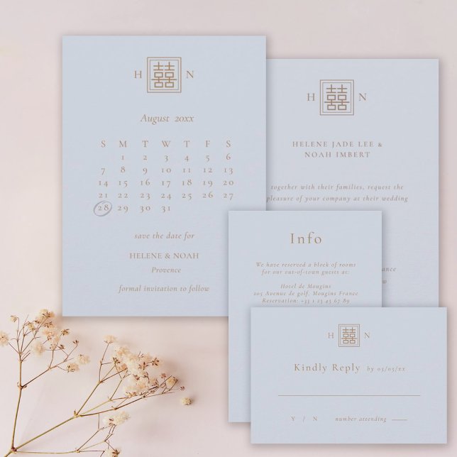 Double Happiness Dusty Blue & Gold Chinese Wedding Save The Date (Creator Uploaded)
