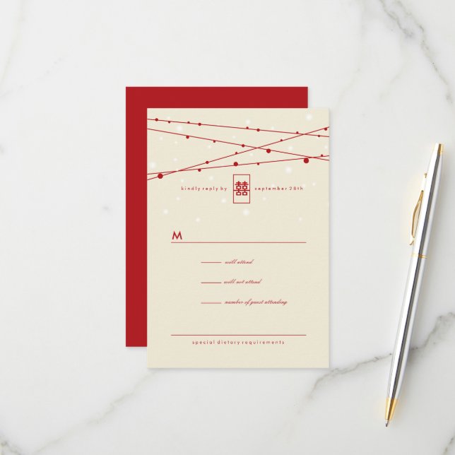 Double Happiness Fairy Lights Chinese Wedding RSVP (Front/Back In Situ)