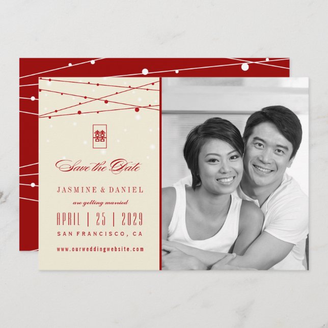 Double Happiness Fairy Lights Photo Save The Date Invitation (Front/Back)