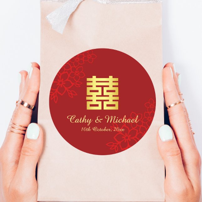 Double happiness floral background Chinese wedding Classic Round Sticker (Creator Uploaded)