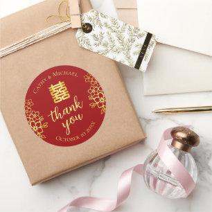 Double happiness floral thank you chinese wedding classic round sticker