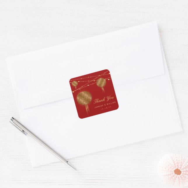 Double Happiness Golden Lanterns Chinese Wedding Square Sticker (Envelope)