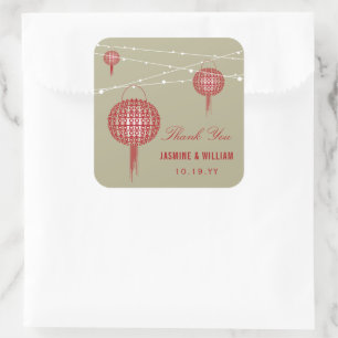 Double Happiness Lanterns Chinese Wedding Favour Square Sticker