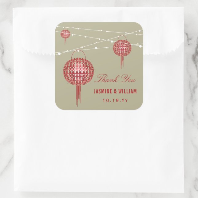 Double Happiness Lanterns Chinese Wedding Favour Square Sticker (Bag)