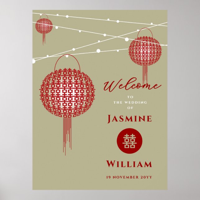 Double Happiness Red Lanterns Chic Chinese Wedding Poster (Front)