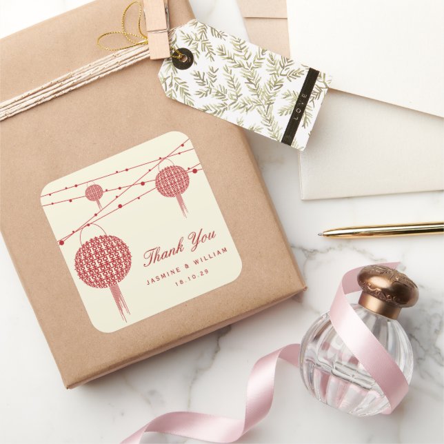 Double Happiness Red Lanterns Chic Chinese Wedding Square Sticker (Gifting)
