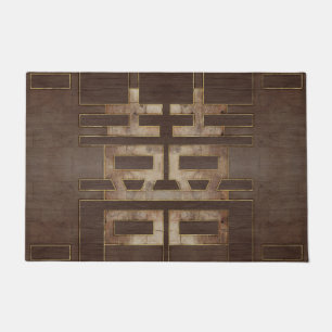 Double Happiness Symbol Geometric Gold on Wood Doormat