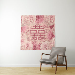 Double Happiness Symbol on Peony flowers Tapestry